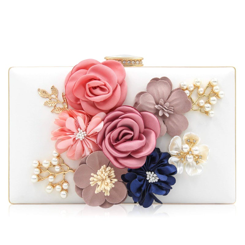 Milisente Evening Bag for Women, Flower Wedding Evening Clutch Purse Bride Floral Clutch Bag(White) - Image 1
